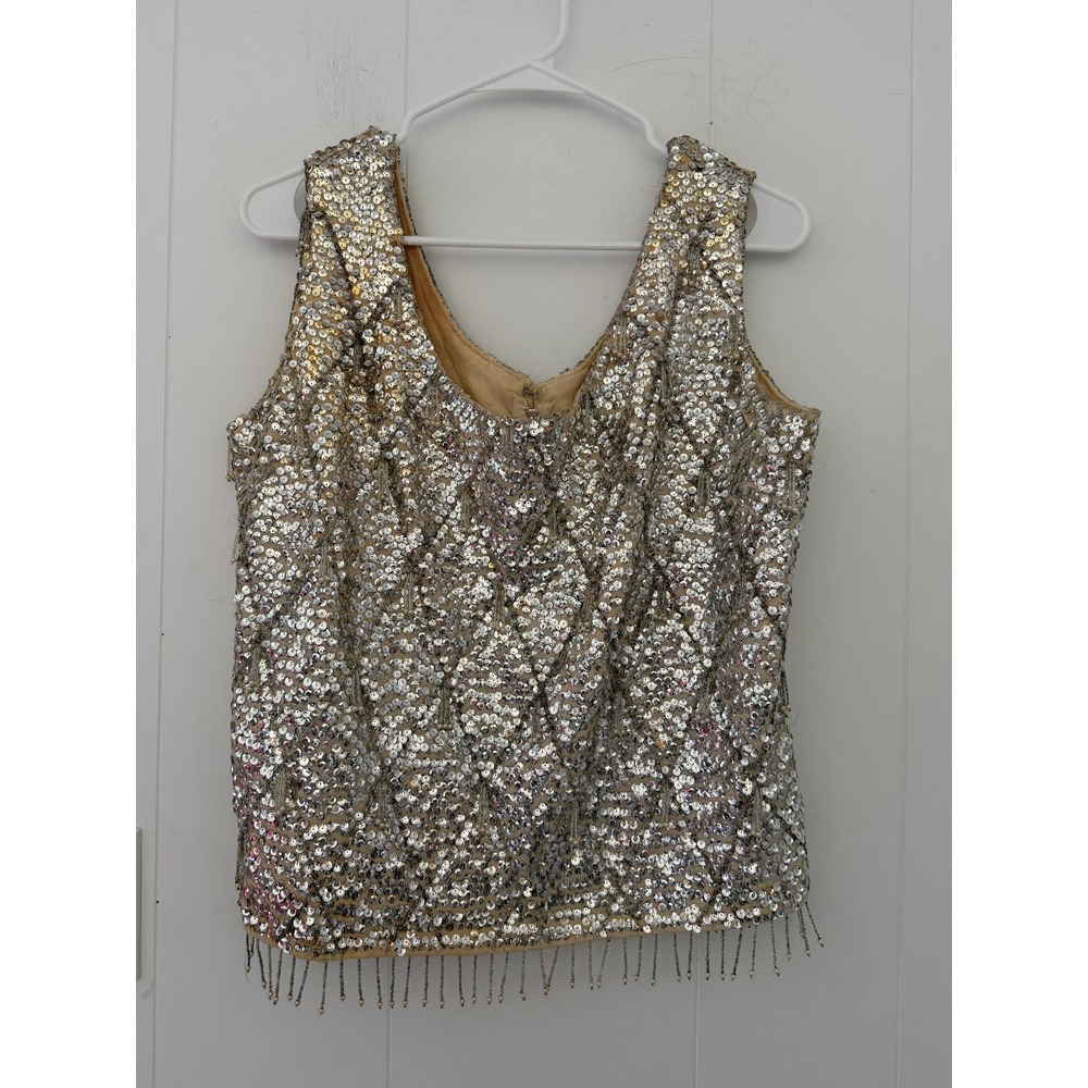 VTG 60s Rising Sun Hong Kong Sequin Beaded Fringe V-Neck Tank Top Silver Gold